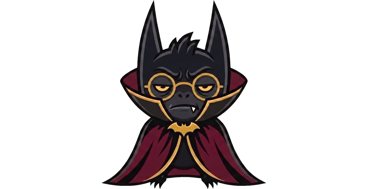 batwithglasses logo — Batman and Dracula inspired bat with gold glasses