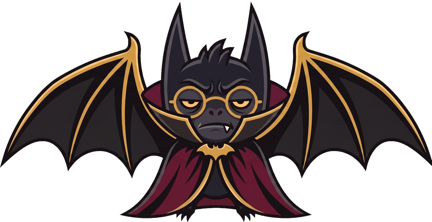 batwithglasses logo with wings spread — Batman and Dracula inspired bat with gold glasses